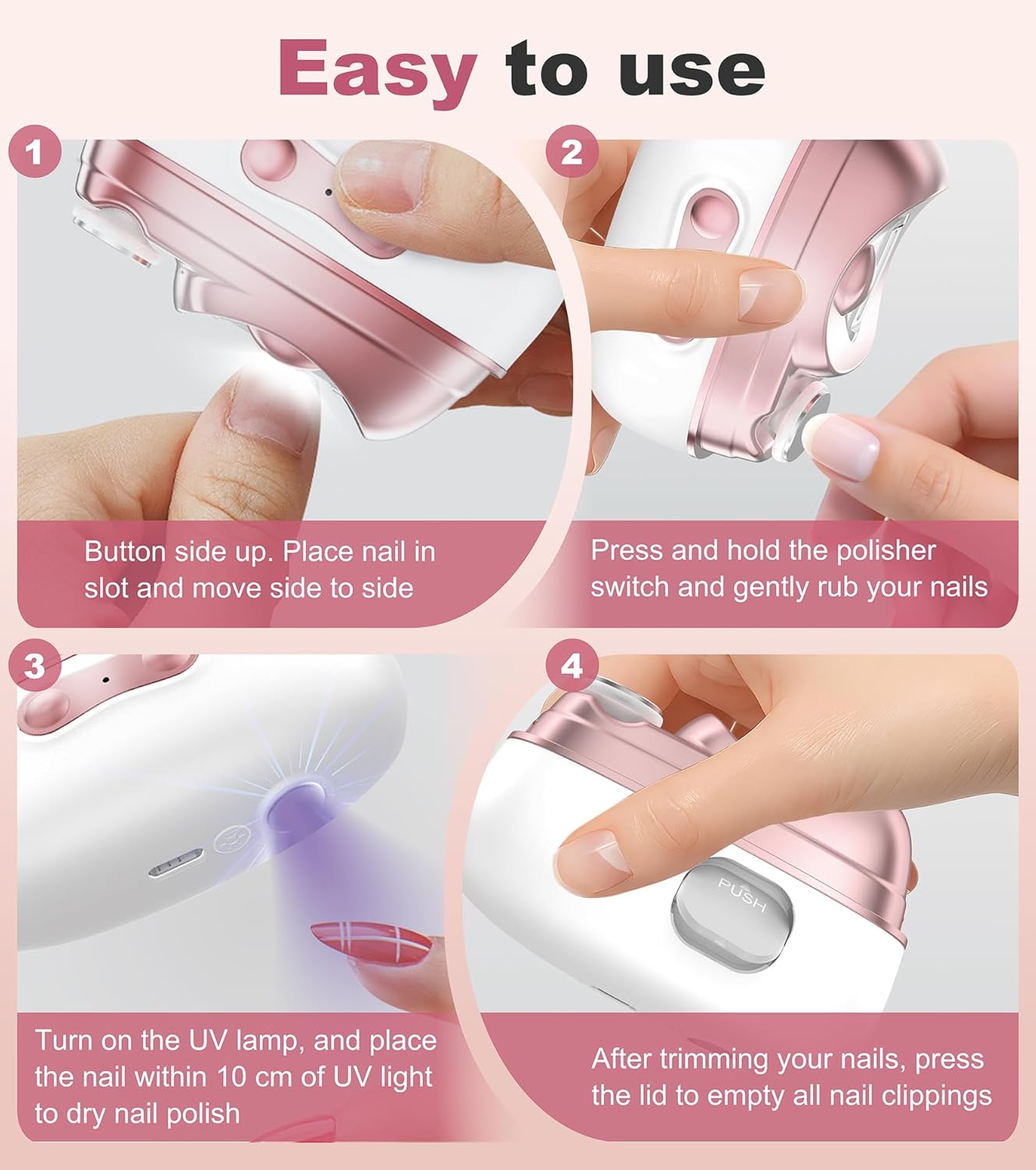 2-in-1 Electric Nail Clipper & Trimmer with LED Light - Dual Speed for All Ages (M8-Pink)