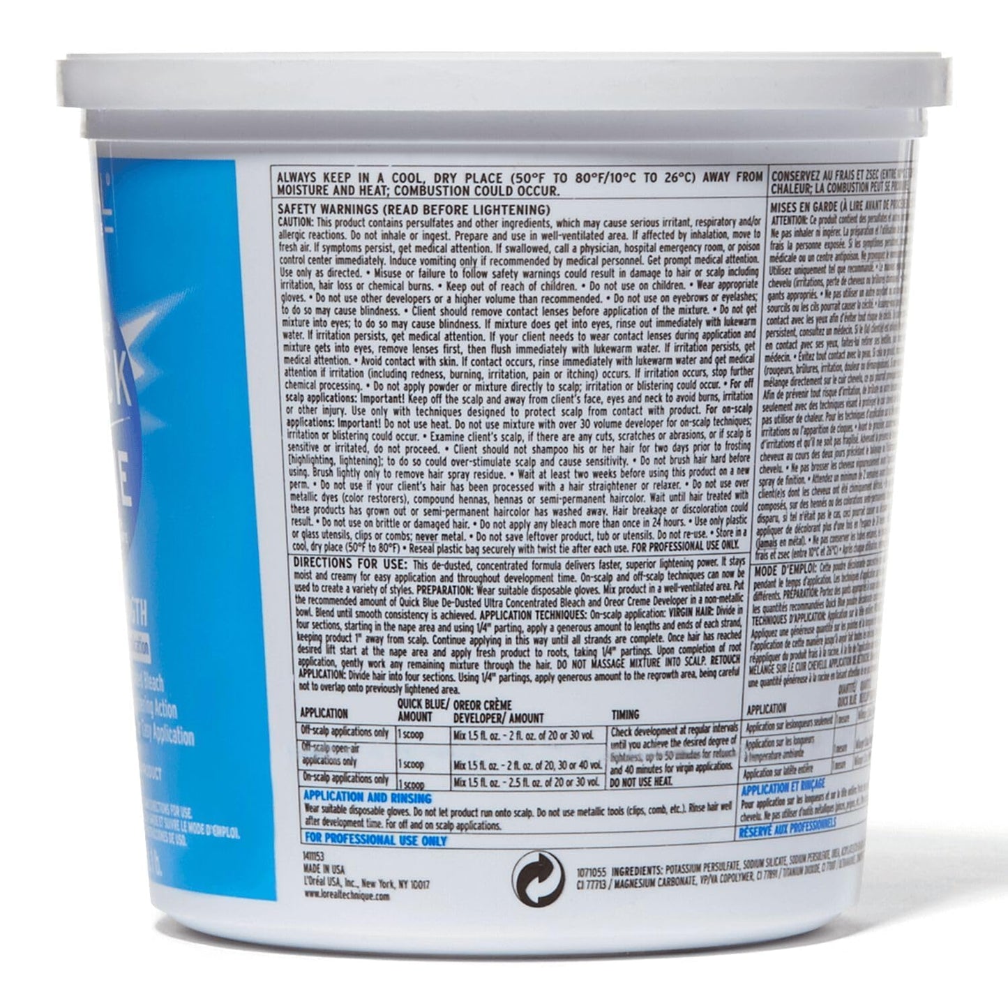 L'Oréal Technique Quick Blue High Performance Bleach - Professional Hair Bleaching Powder, No Drip Formula, Extra Strength Lightening Action Lifts Up To 7 Levels, Single Application,1 Pound