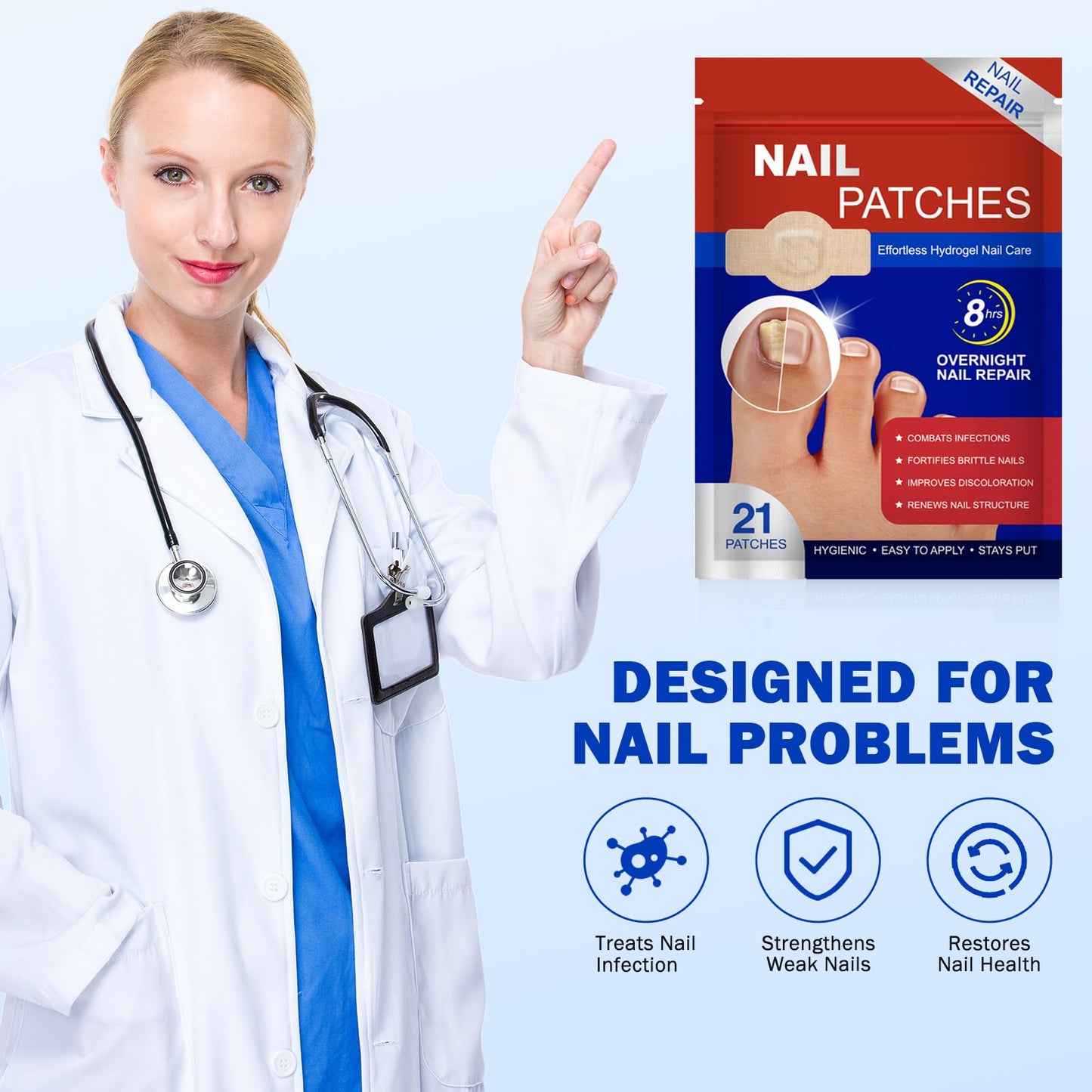 Fungal Nail Patches 42 PCS, Toenail Treatment Extra Strength 8-Hour Overnight Nail Fast Acting Repair Effortless Hydrogel Nail Care and Repair for Damaged Nails Overnight Renewal for Men and Women