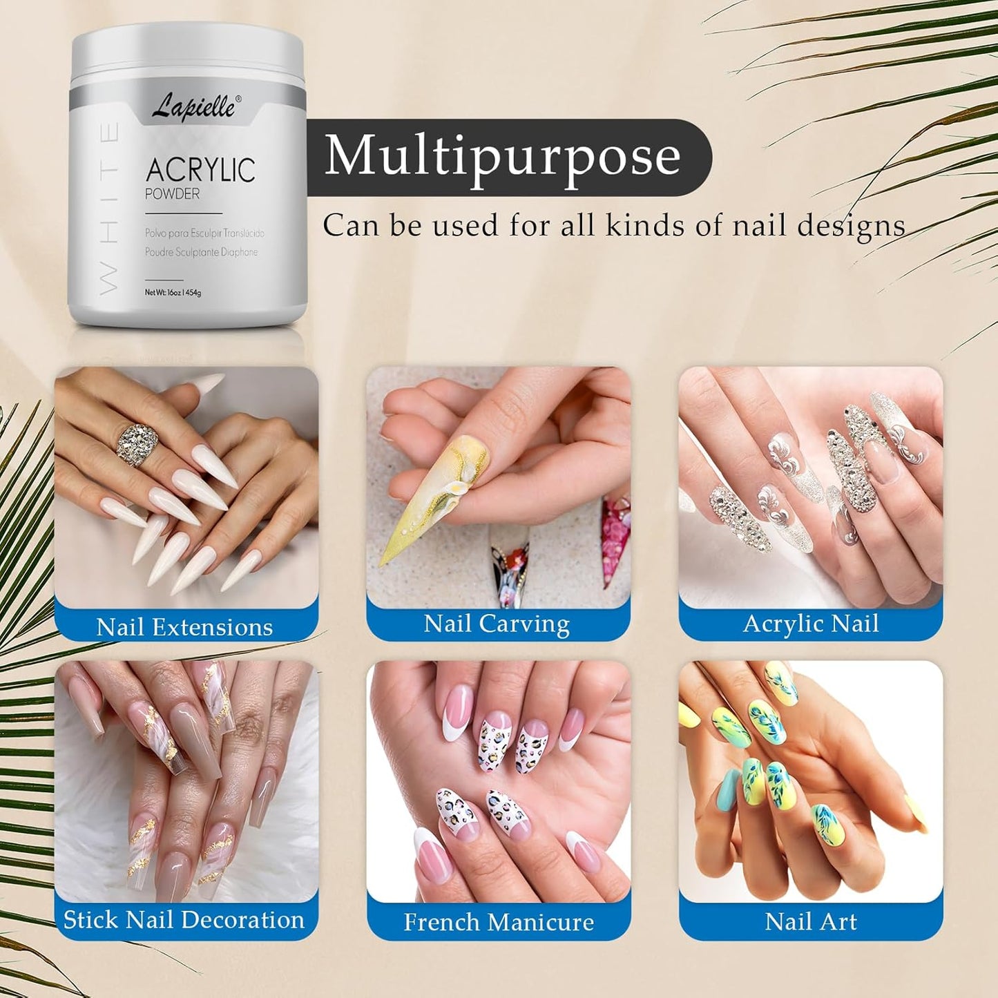 Professional Acrylic Powder for Nail Art - Quick Dry, Long-Lasting, 16oz Clear, Pink & White