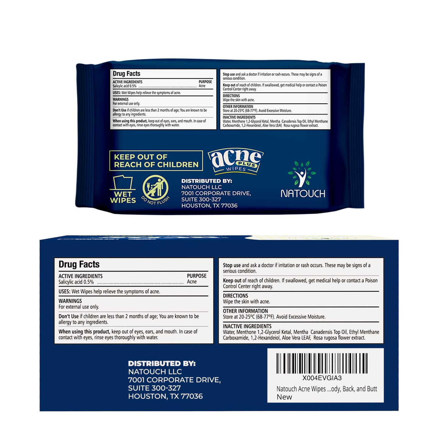 Natouch Acne Wipes for Face & Back, Acne Treatment Wipes with Salicylic Acid, Acne Scars and Dark Spot Remover with Natural Essential Oil for Face, Body, Back, and Butt