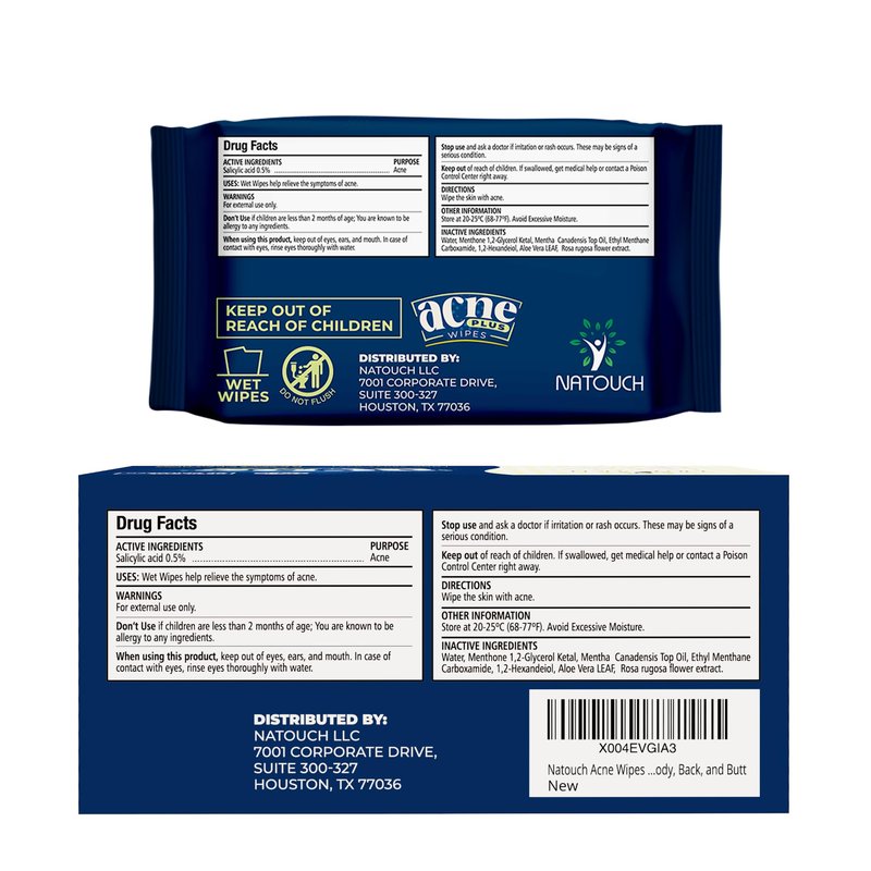 Natouch Acne Wipes for Face & Back, Acne Treatment Wipes with Salicylic Acid, Acne Scars and Dark Spot Remover with Natural Essential Oil for Face, Body, Back, and Butt