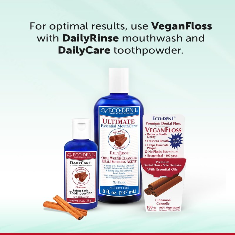Eco-Dent VeganFloss Dental Floss, Waxed, Cinnamon - Floss with Vegan Plant-Based Wax, Recyclable Cardboard Packaging, 100 Yds (Pack of 2)