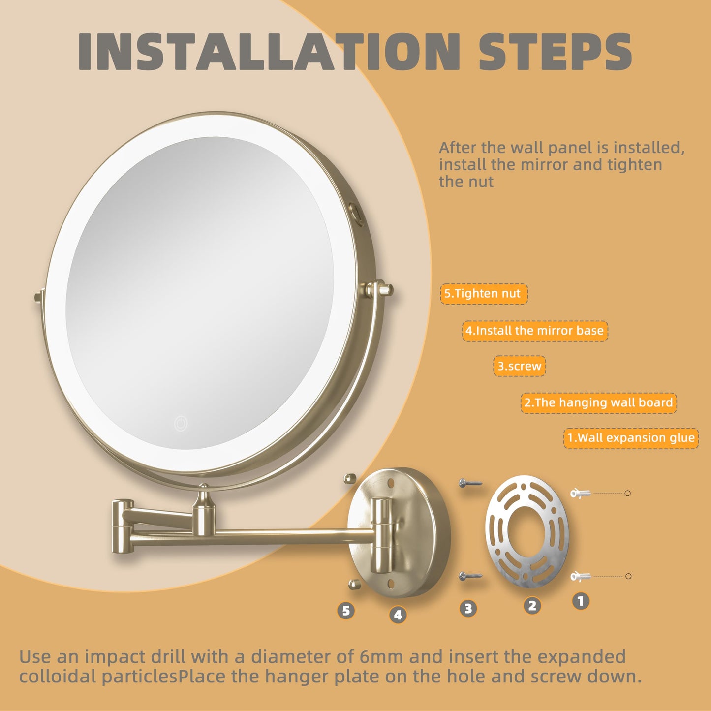 Batuso 8.5" Wall Mounted Makeup Mirror with Light, 2000mAh Rechargeable Double Sided 1X / 10X Magnifying Vanity Mirror, 3 Color Lights Touch Dimmable 360° Rotation Bathroom Mirror, Nickel