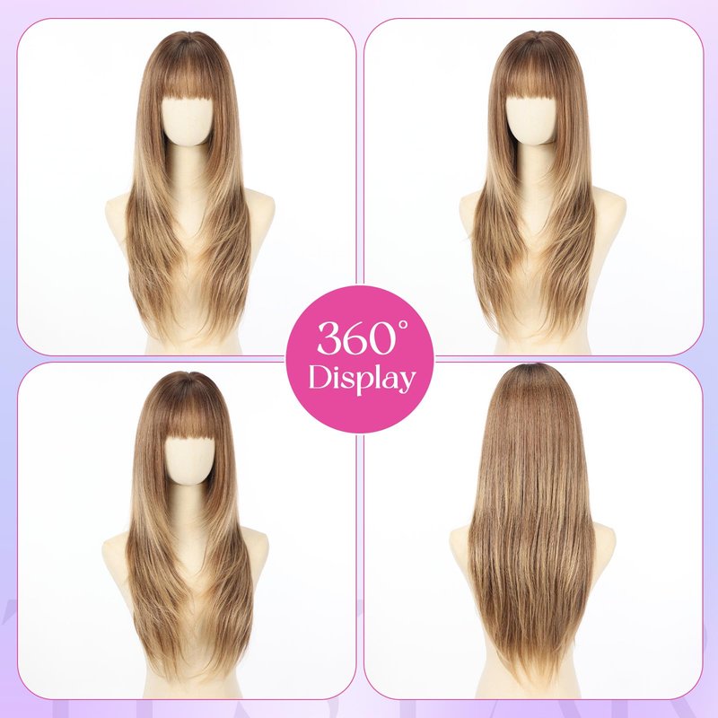 testar 4x4 Realistic Scalp Long Ombre Brown Blonde Straight Wigs With Bangs for Women Synthetic Heat Resistant Fiber 26IN Layered Brunette Wigs for Daily Use