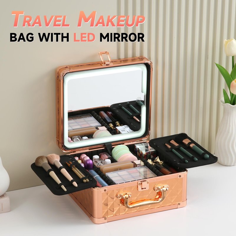 Leeora&Leekoo Makeup Box with Lighted Mirror,Portable Makeup Train Case Organizer (Rose Gold)