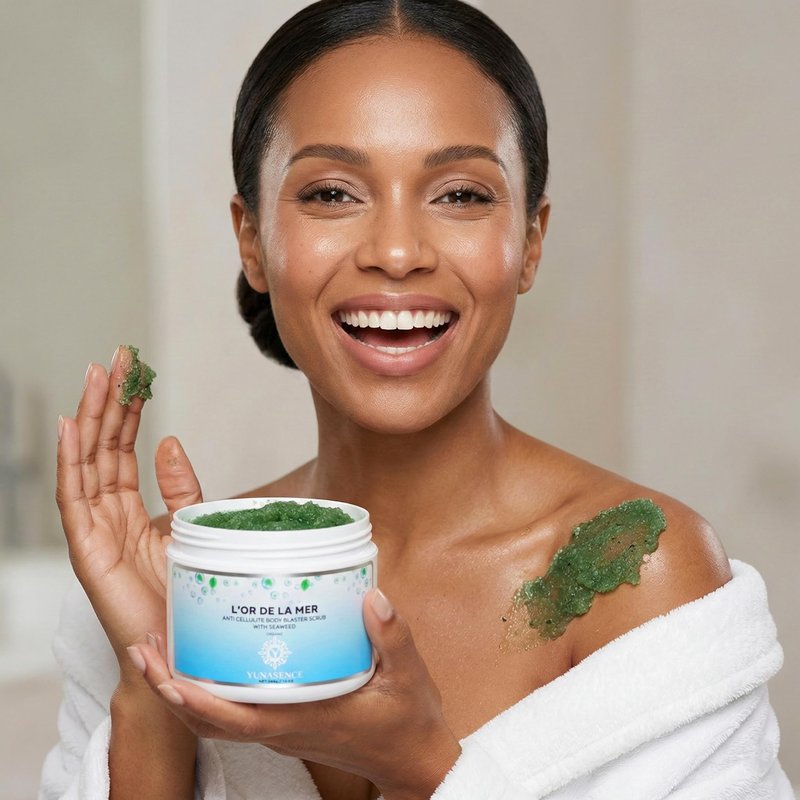 YUNASENCE L'OR DE LA MER Organic Anti Cellulite Body Blaster Scrub with Sea Salt, Seaweed, Lemongrass 13oz Smoothing Exfoliating Moisturizing Skin Massage Treatment.