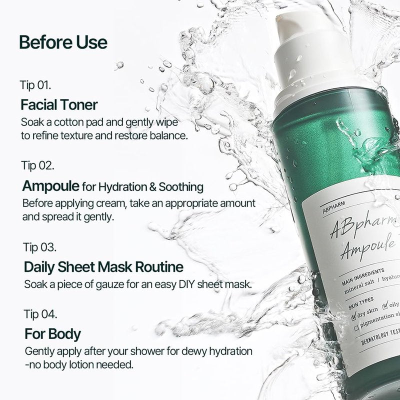 AB Pharm Derma Salt Hyalruronic Ampoule Toner, A Multi-Functional Toner, Deep Hydration Power, Sensitive Skin, Elasticity, Vegan Certified, Korea No.1 Derma Salt Formula, Triple hyaluronic acids.
