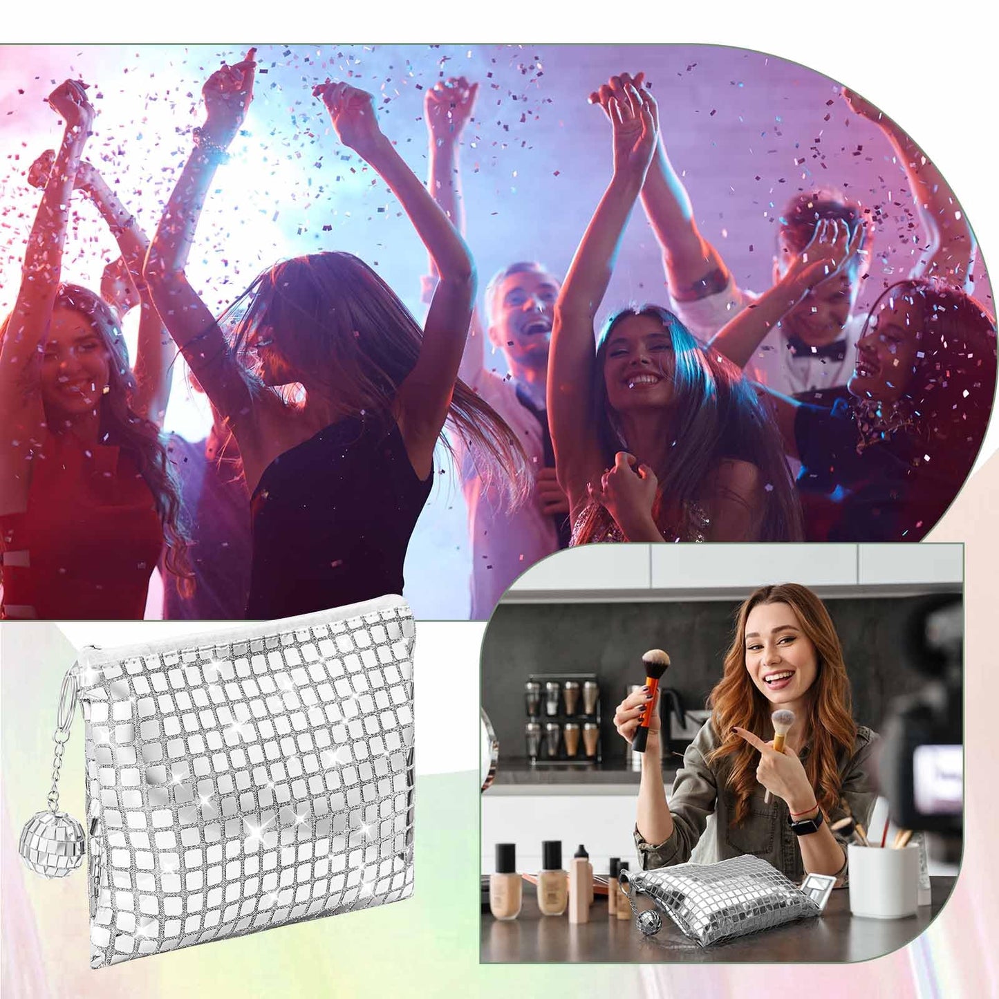 Locmeo 12 Pack Disco Party Favor Bags Bachelorette Sparkly Makeup Sequin Bag Portable Glitter Cosmetic Purse with Disco Keychain for Bachelorette Wedding Birthday 70s Retro Party Decorations (Silver)