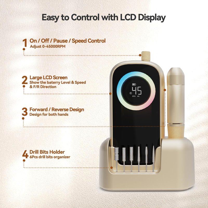 Electric Nail Drill 45000RPM, 2025 Pro High Tech Fast Remove Cordless Nails Drill with Rechargeable Stand for Acrylic Nails, 12Pcs Drill Bits and Holder, LCD Professional Nail Machine for Salon Home