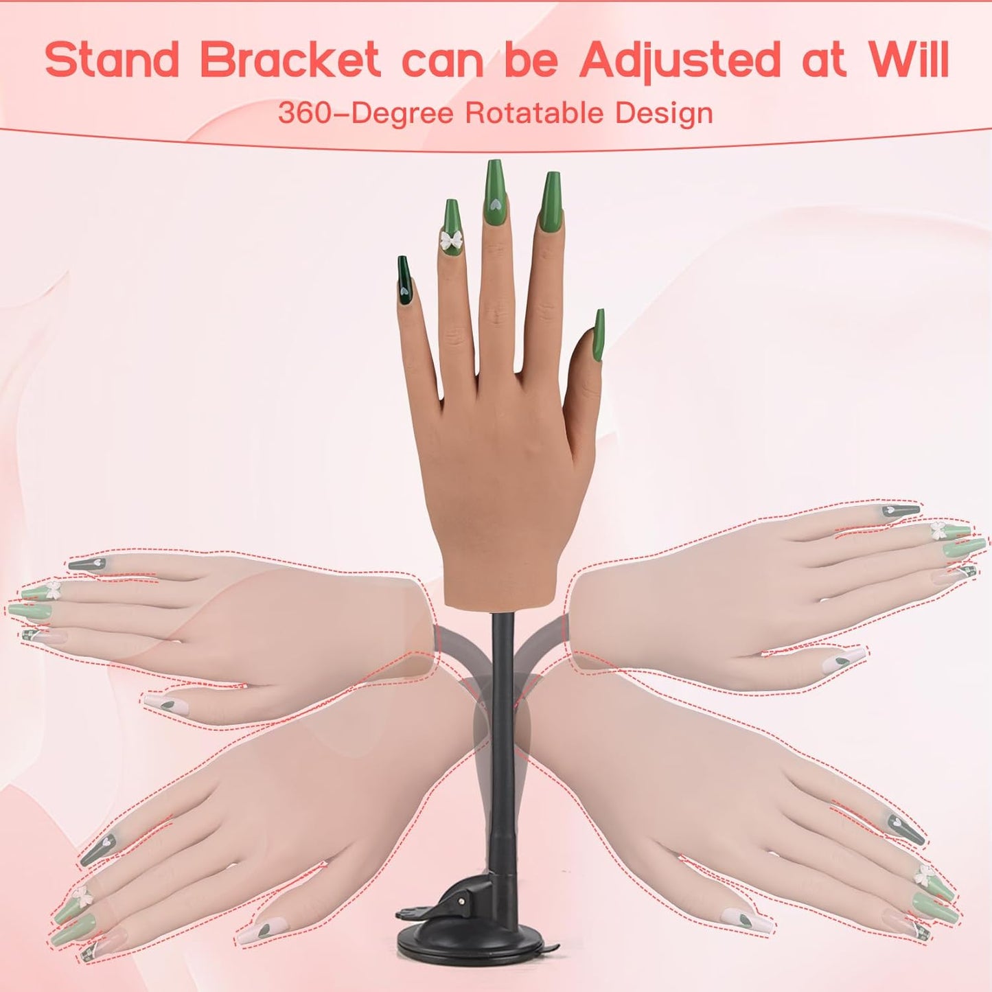 Flexible Silicone Practice Hand for Acrylic Nails with 528 Nail Tips & Stand