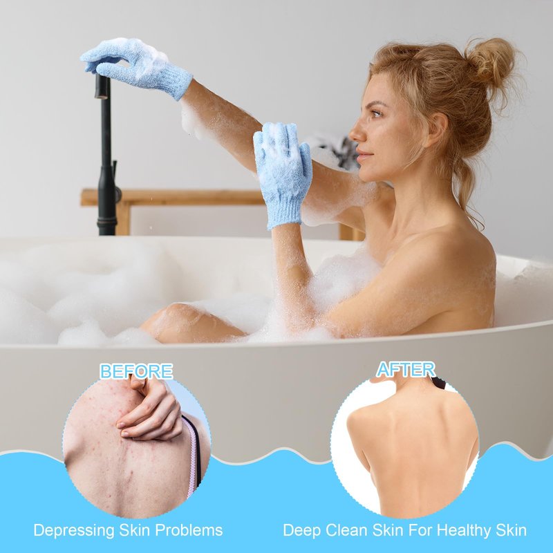 Cuffbow 90 Pcs 45 Pairs Exfoliating Double Sided Bath Gloves with Hanging Loop Colorful Body Shower Gloves for Men Women Beauty Spa Massage Clean Shower Skin Bathing Scrubber Accessories(Blue)