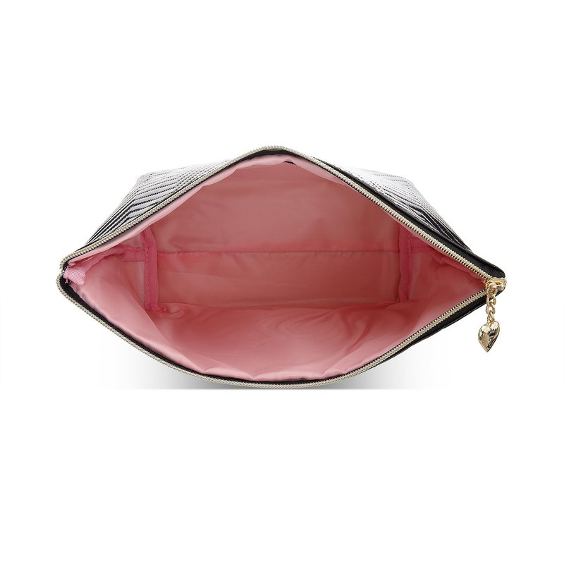 Juicy Couture Black Makeup Bag Cosmetics Organizer Travel Essentials Top Zip Pouch Faux Patent Leather Zig Zag Pattern