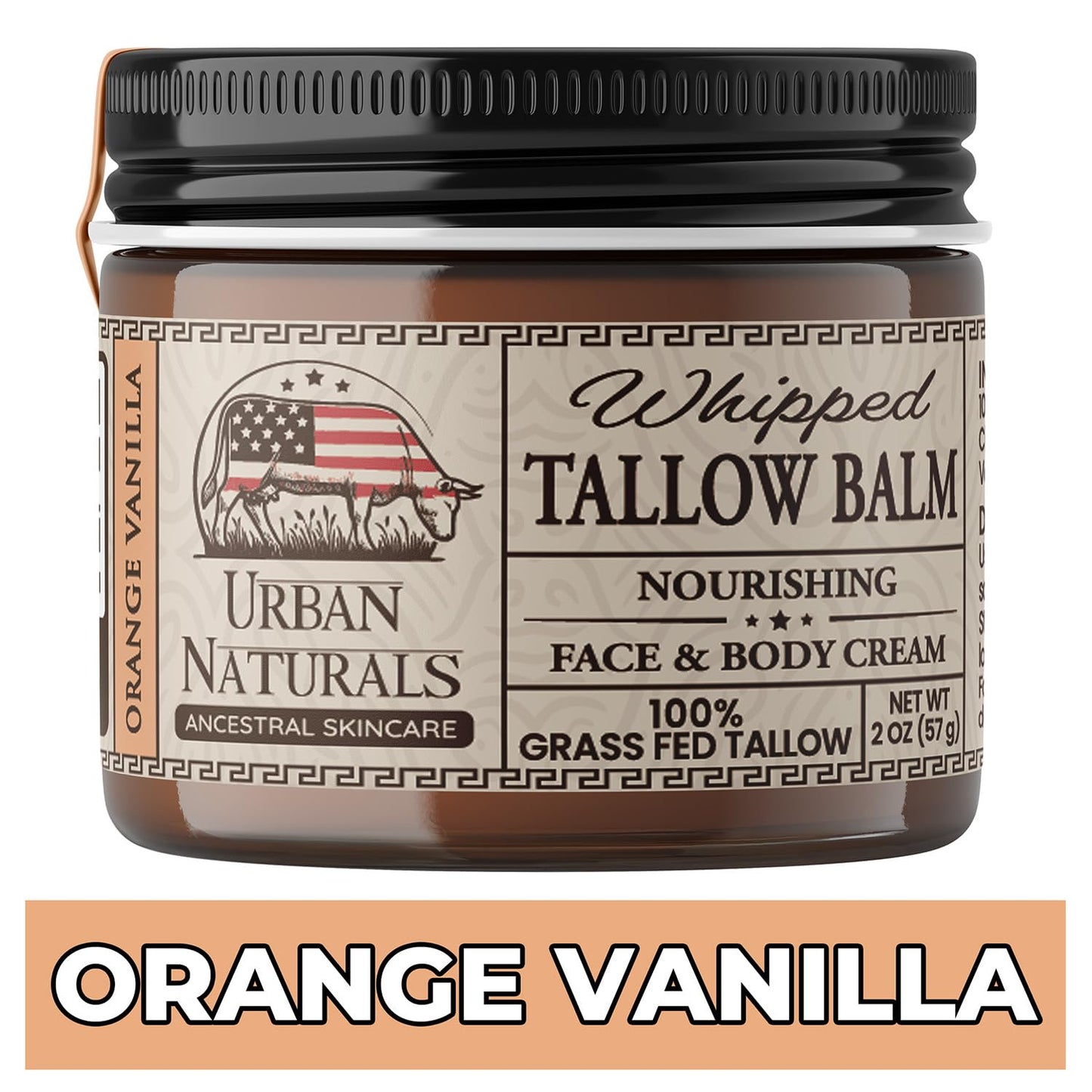 Urban Naturals Handmade Whipped Tallow Balm (Orange Vanilla) 100% Grass-fed Organic Beef Tallow Skin Cream Moisturizer for Face with Jojoba Oil, for Eczema, Baby - Made in USA