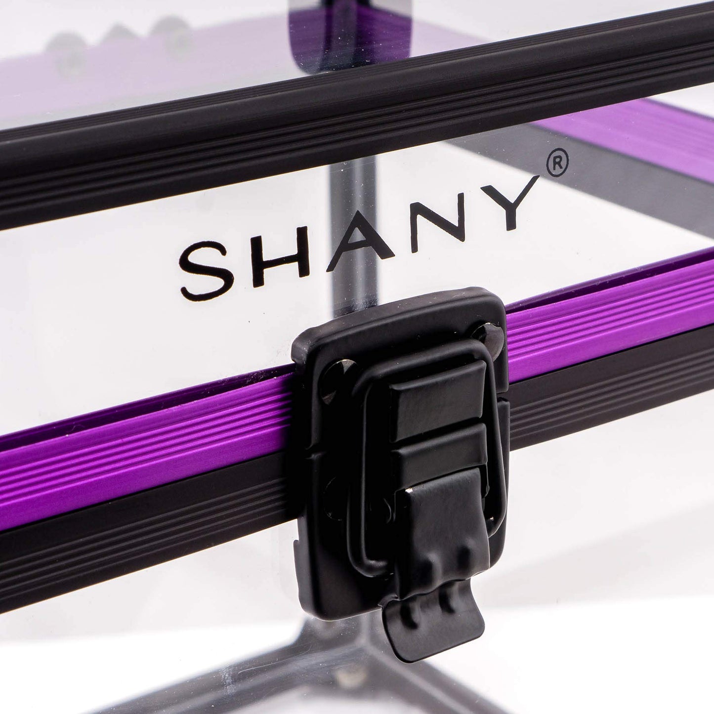 SHANY Clear Cosmetics and Toiletry Train Case - Clear Travel Makeup Bag Case Organizer with Secure Closure and Black/Purple Accents - 3PC Set