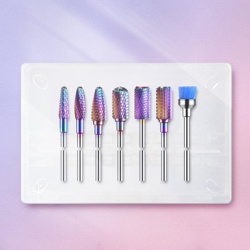 MelodySusie Nail Drill Bits Set, 7pcs Tungsten Carbide Diamond Nail Drill Bits for Acrylic Nails Poly Gel Cuticle Remove, 3/32'' Professional Nail Bits for Nail Drill Efile (A-Colorful)
