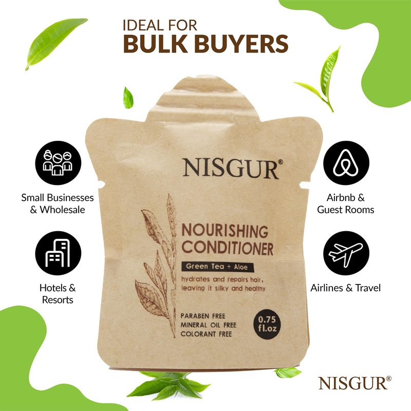 NISGUR Hotel Conditioner Bulk 0.75 oz 100 Pack Non Plastic Travel Size Conditioner Paper Pouch Packed Aloe and Green Tea Extract Infused