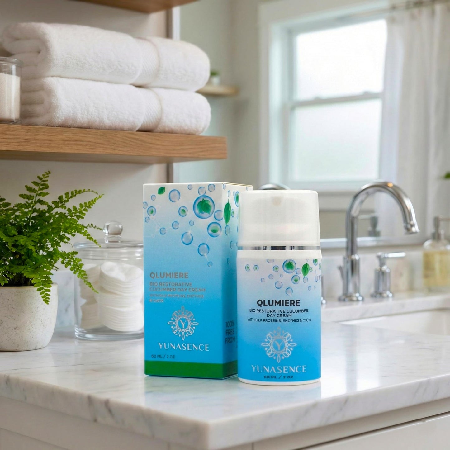 YUNASENCE QLUMIERE Bio-Restorative Soothing Cucumber Cream w/Amino Acids, Hyaluronic Acid, Enzymes, Caviar. Hydrating, Protecting.