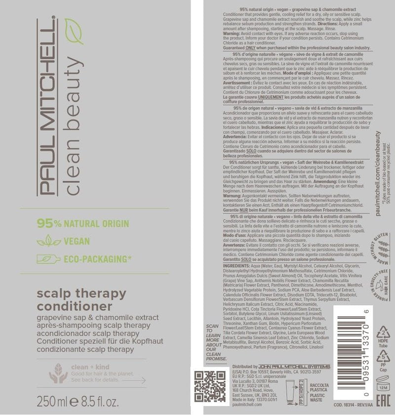 Paul Mitchell Clean Beauty Scalp Therapy Conditioner, Gently Conditions + Cools All Hair Types, Especially Dry, Oily + Sensitive Scalps, 8.5 fl. oz.