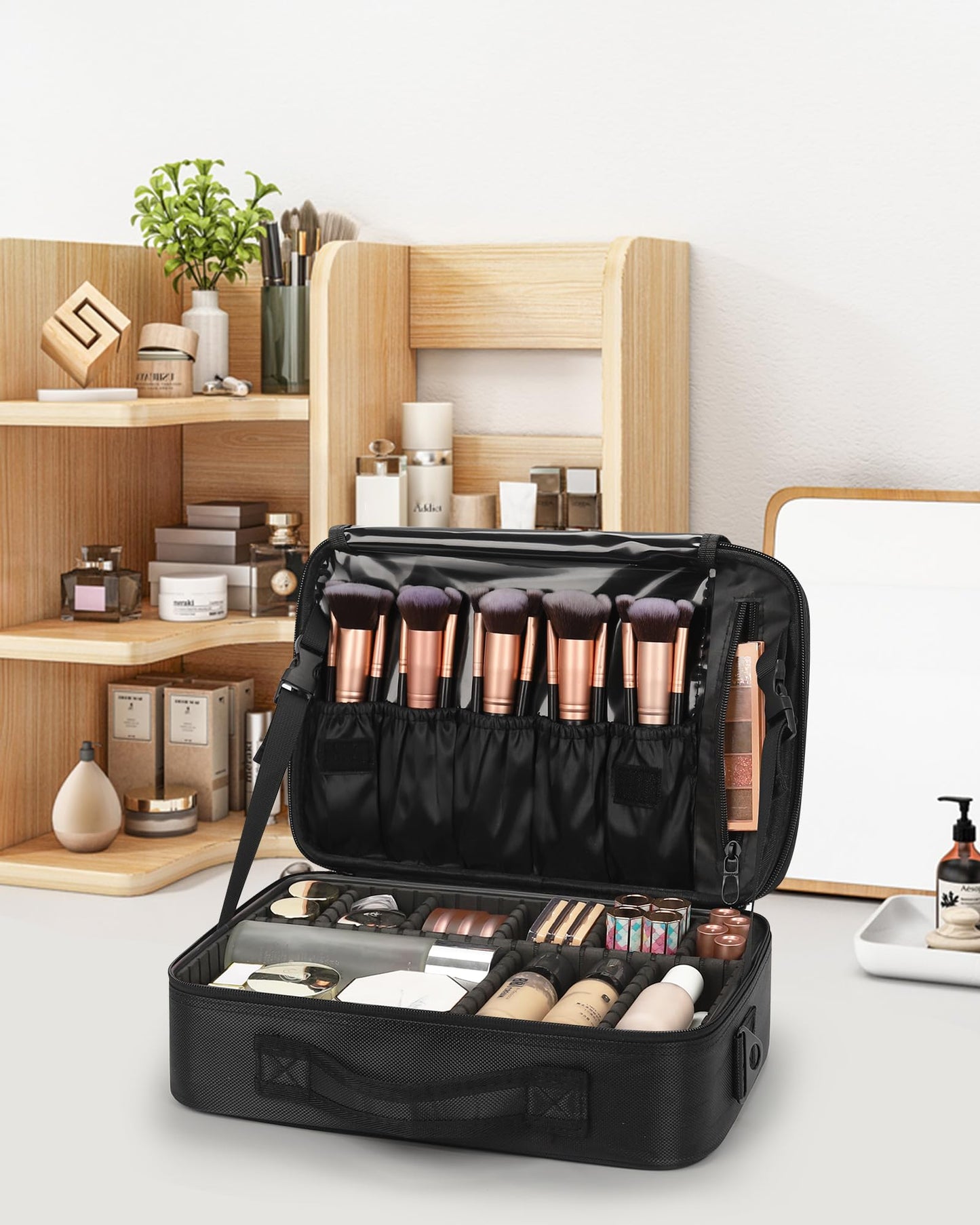 Relavel Makeup Bag Travel Makeup Train Case Large Cosmetic Case Professional Portable Makeup Brush Holder Organizer and Storage with Adjustable Dividers and Shoulder Strap Black