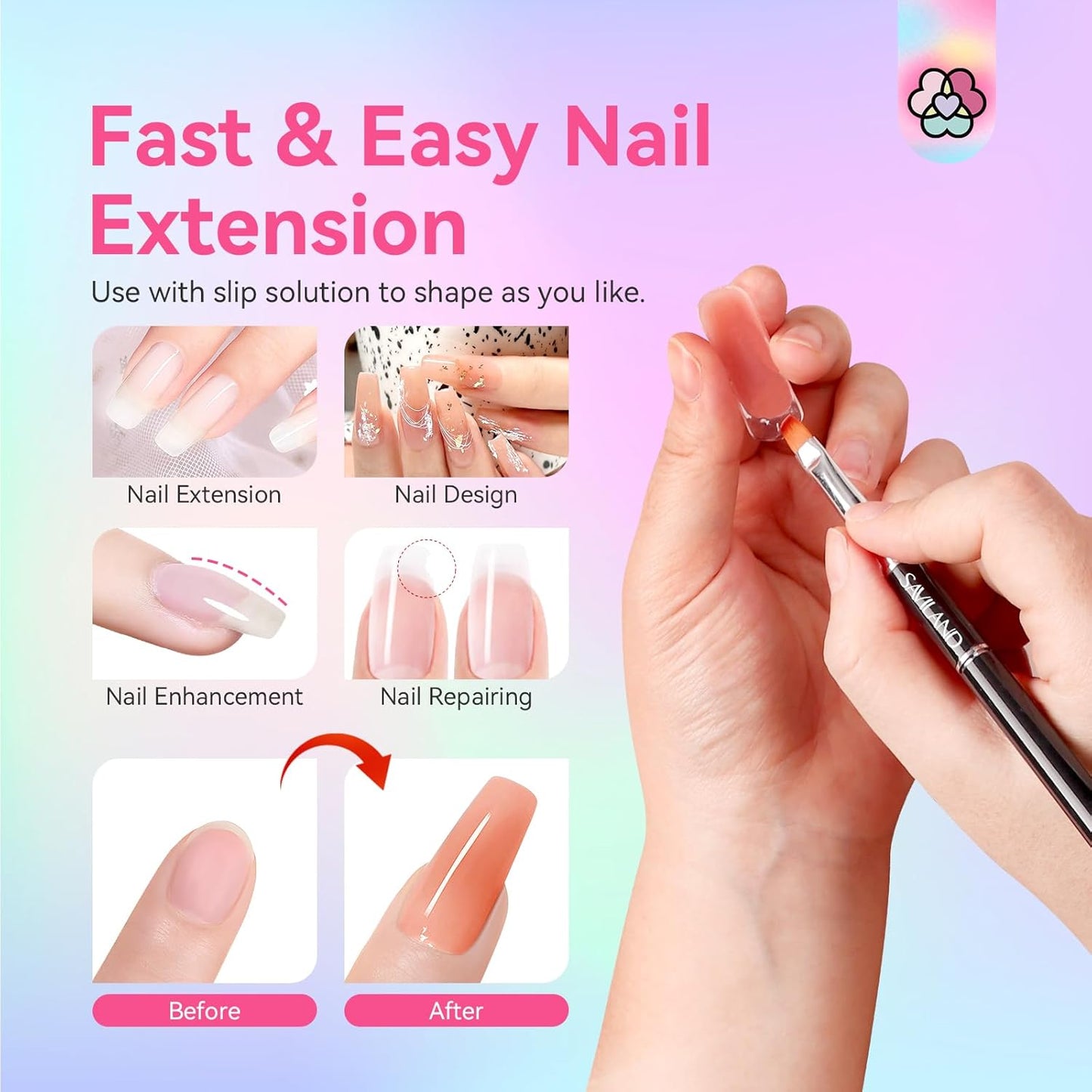 20-Color Saviland Poly Gel Nail Extension Kit - Bright Rainbow Nail Art Set with Magnetic Holder