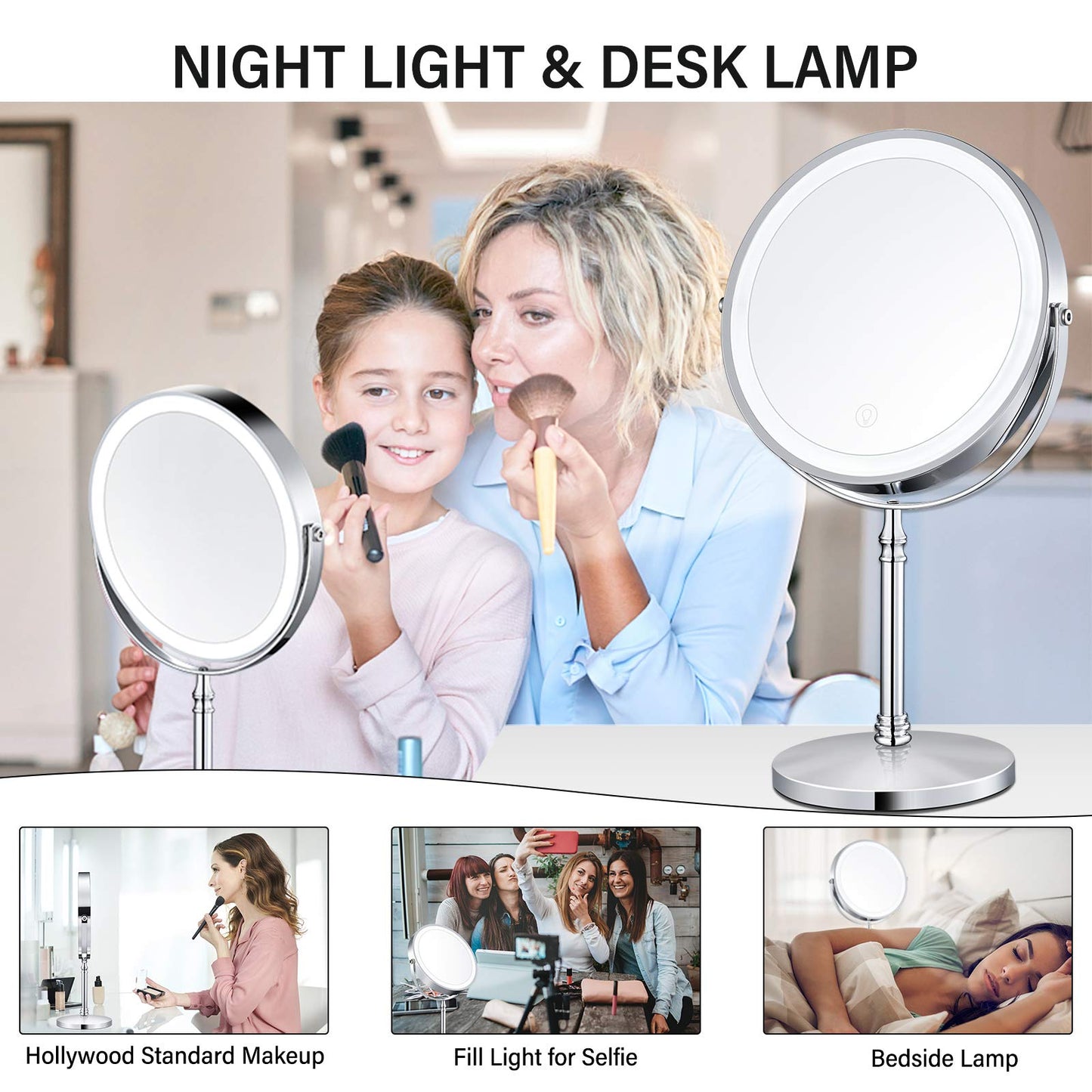 AMZTOLIFE 8" Lighted Makeup Mirror, 10X Makeup Mirror with Lights, Double Sided Dimmable Magnifying Mirror with Light, Rechargeable and Brightness Adjustable, Cordless Vanity Mirror with Lights