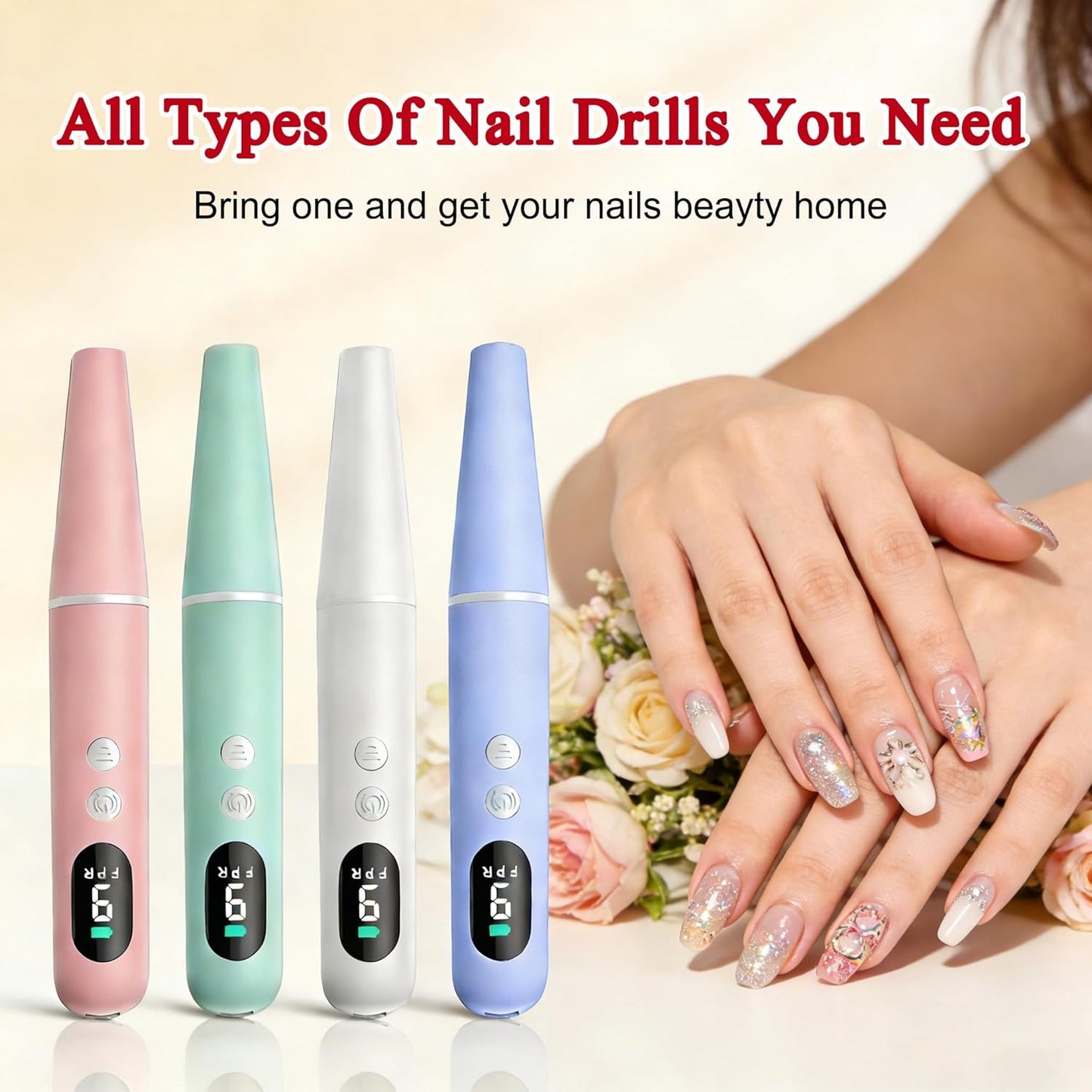 Professional Electric Nail Drill - Cordless Nail File with LED Display, 6 Bits & 26 Accessories for Gel/Acrylic Nails | White