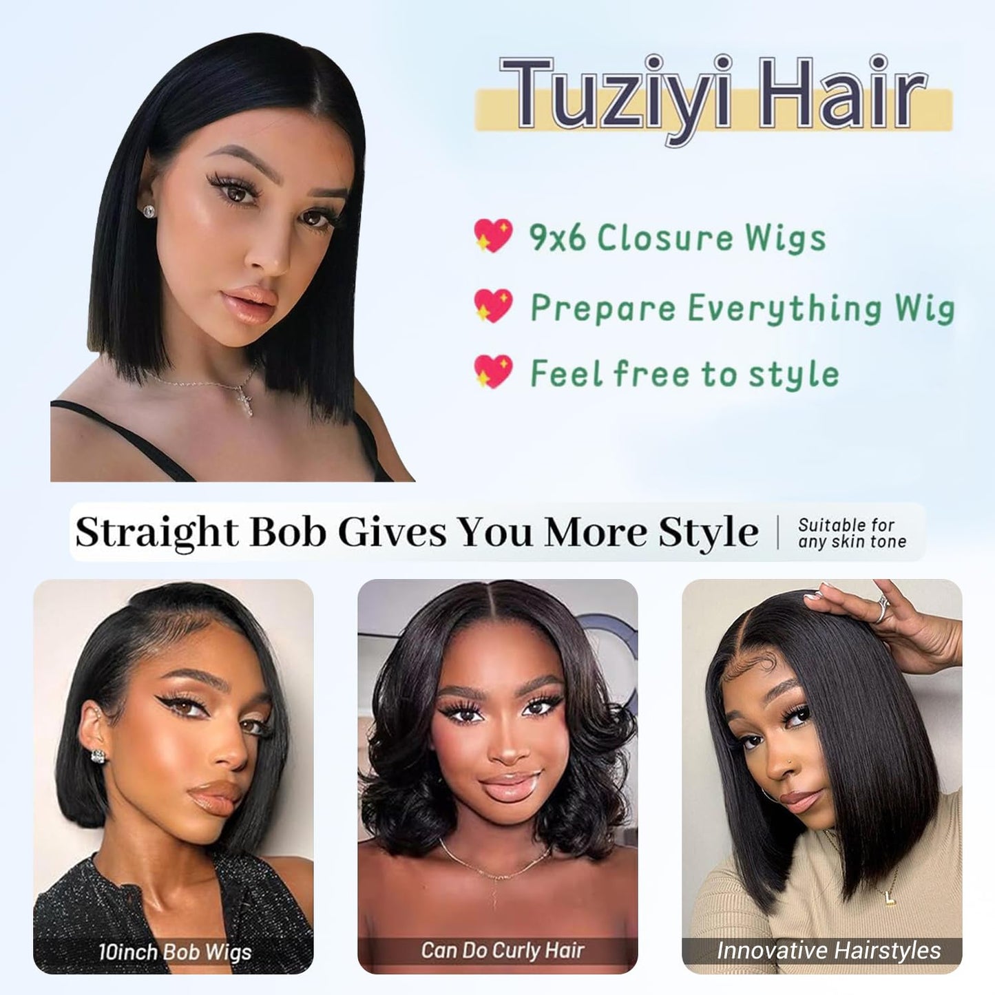 Tuziyi 14 Inch Bob Wig Human Hair 9x6 Wear and Go HD Lace Closure Glueless Wigs Human Hair Pre Plucked Pre Cut 220% Density Short Straight Bob Wig Human Hair for Black Women