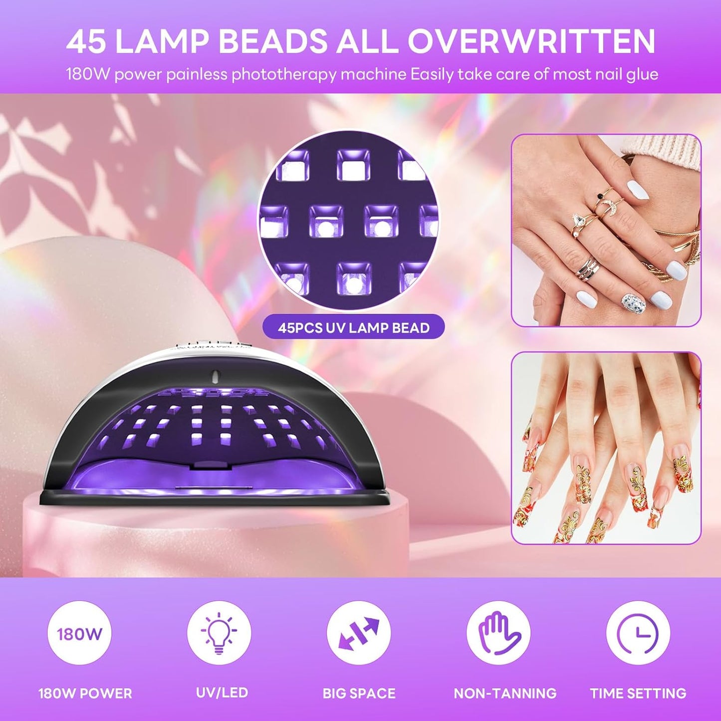 Professional 180W UV LED Nail Lamp - Fast Gel Nail Dryer with 4 Timer Settings & LCD Display