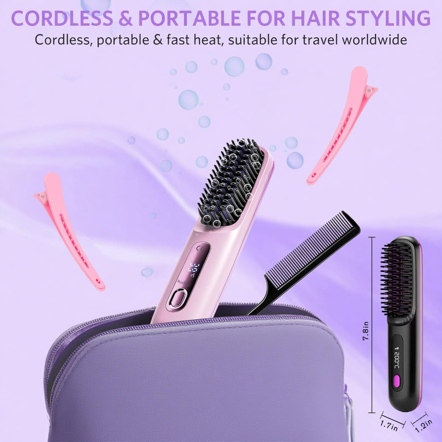 Pro Straightener Hair,Gobrush Cordless Hair Straightener,Portable Hot Comb,Compact & Travel-Friendly,Fast Heating