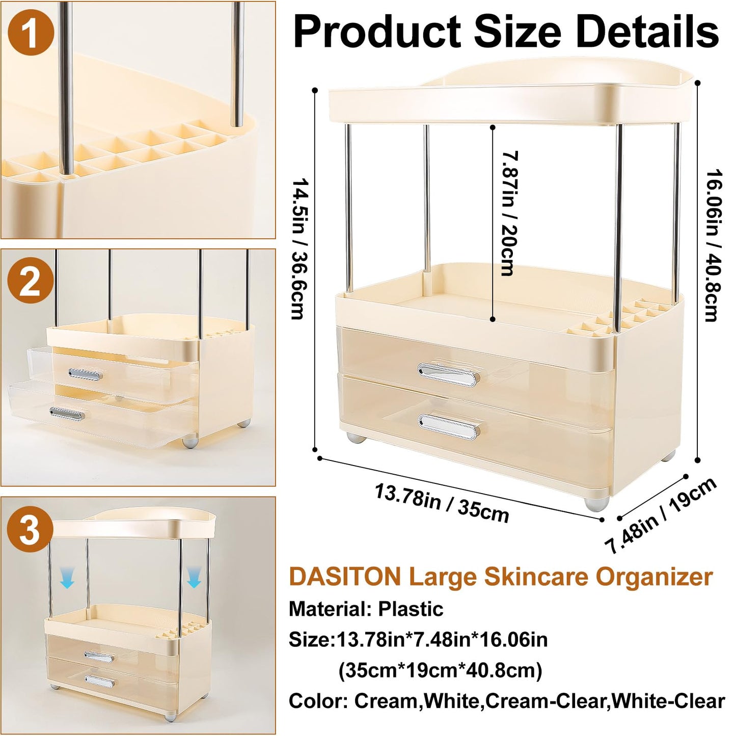 DASITON 4 Tiers Makeup Organizer, 2 Drawers Large Cosmetic Organizers for Vanity Bathroom Countertop, Bathroom Organizers and Storage for Skincare, Cosmetic, Perfume, Dresser Organizer (Cream+Clear)