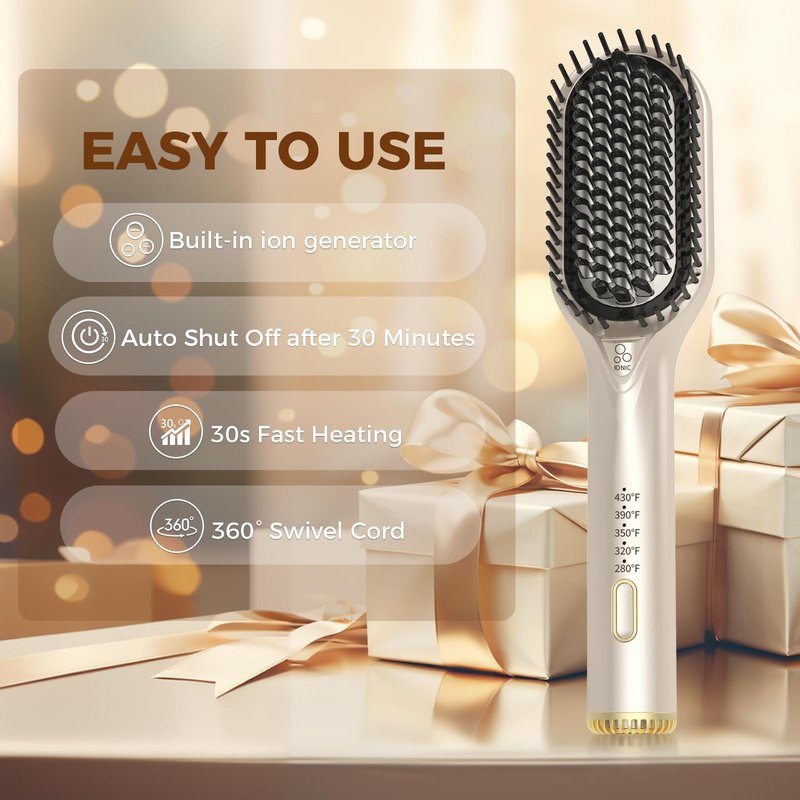 Ufree Upgraded Hair Straightener Brush, 5 Temps Straightening Brush with Ionic Tech, Cool Air System, Dense Bristles, Dual Voltage, Ceramic Hot Comb, Women Gifts
