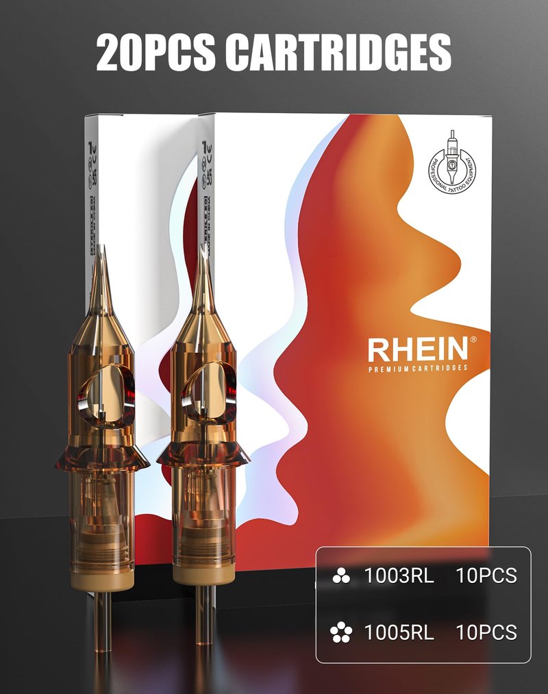 RHEIN Tattoo Pen Kit, Complete Rotary Tattoo Machine with 2 Power Supplies, 20 Cartridge Needles, 14 Tattoo Inks, Practice Skin Stencil Transfer Paper