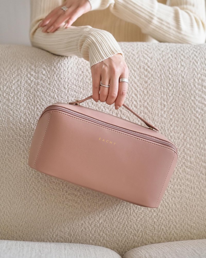 Travel Makeup Bag - Large Capacity Waterproof PU Leather Cosmetic Organizer | Flat Open Design for Skincare & Brushes