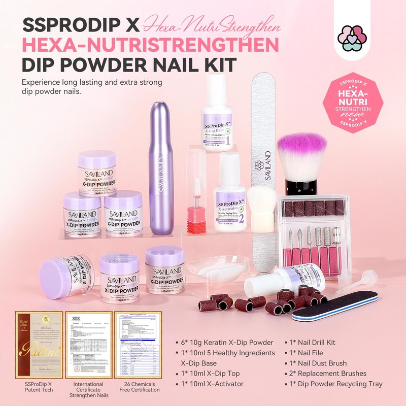 SAVILAND Dip Powder Nail Kit with Drill: 6 Color Winter Dip Nails Powder Starter Kit Pink Nude Glitter Clear with Liquid Set Base Top Activator French Manicure Beginner DIY Home Christmas Gift