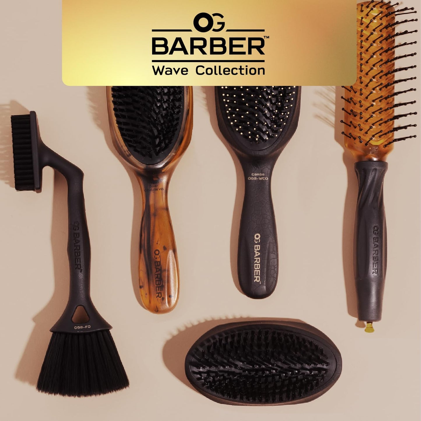 Olivia Garden Barber Palm Wave Brush, Black Cushion with Vegan Boar Bristles, Recycled ABS in Black Crackle Soft-Touch Finish