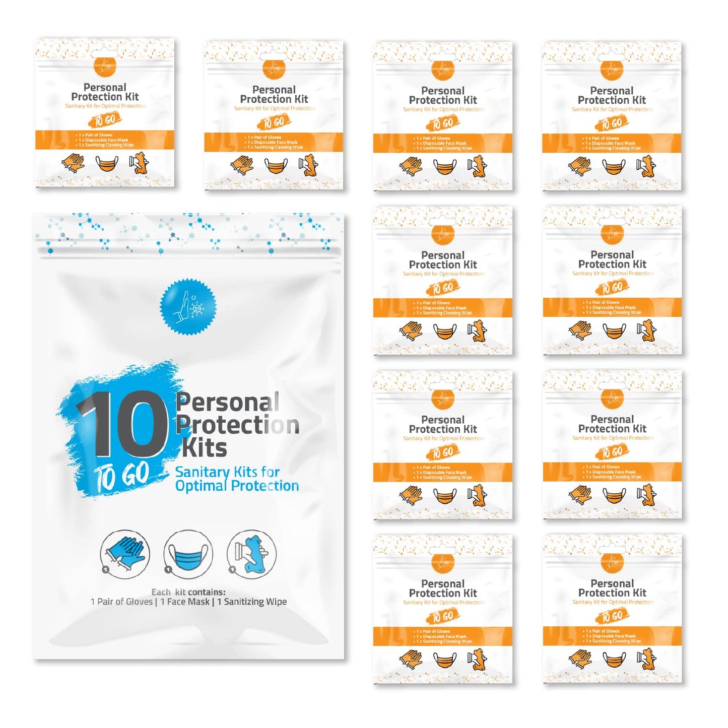 Personal Protection Kit 10-Pack | Travel-Ready PPE with Gloves, Wipes & Masks