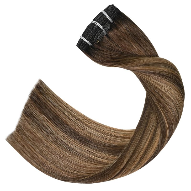 UGOTRAYS Balayage Hair Extensions Real Human Hair, Ombre Medium Brown Fading to Caramel Blonde 12 inches 70g Highlights 100% Human Hair Natural Straight Woman Beauty Clip ins #4/27/4