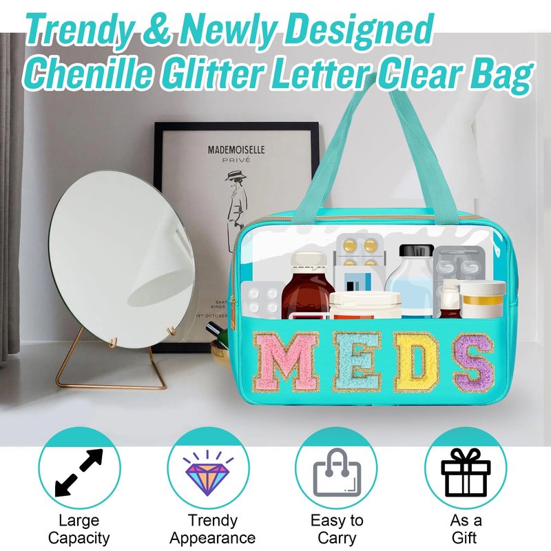 Chenille Letter Clear Makeup Bag MEDS Tote, Large Preppy Medicine Bag Travel Drugs Pills Bag Zipper Pouch with Handle,Waterproof Nylon Portable Cute Cosmetic Toiletry Storage Bag for Women(MEDS-Green)