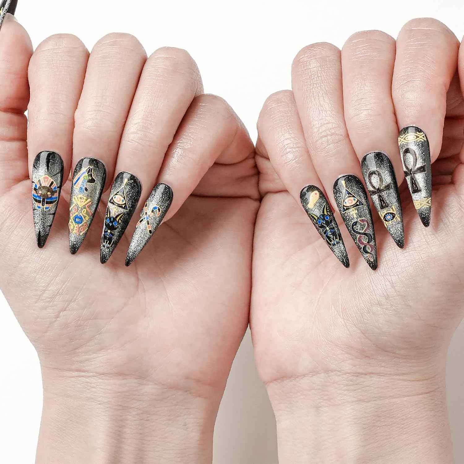 Colorful Handmade Press-On Stiletto Nails with 3D Devil Eyes - 10 Pcs Set for Women