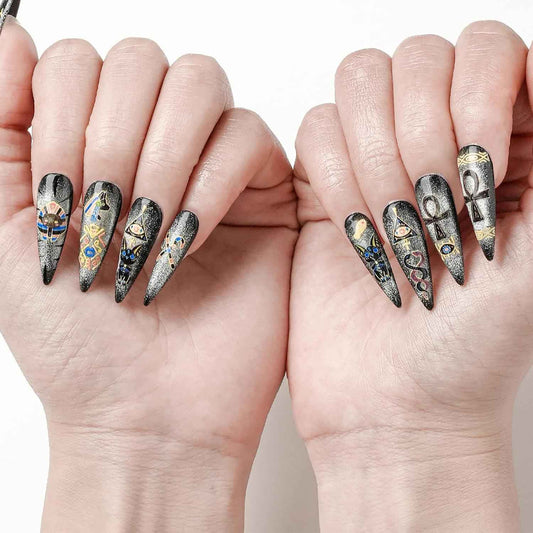 Colorful Handmade Press-On Stiletto Nails with 3D Devil Eyes - 10 Pcs Set for Women