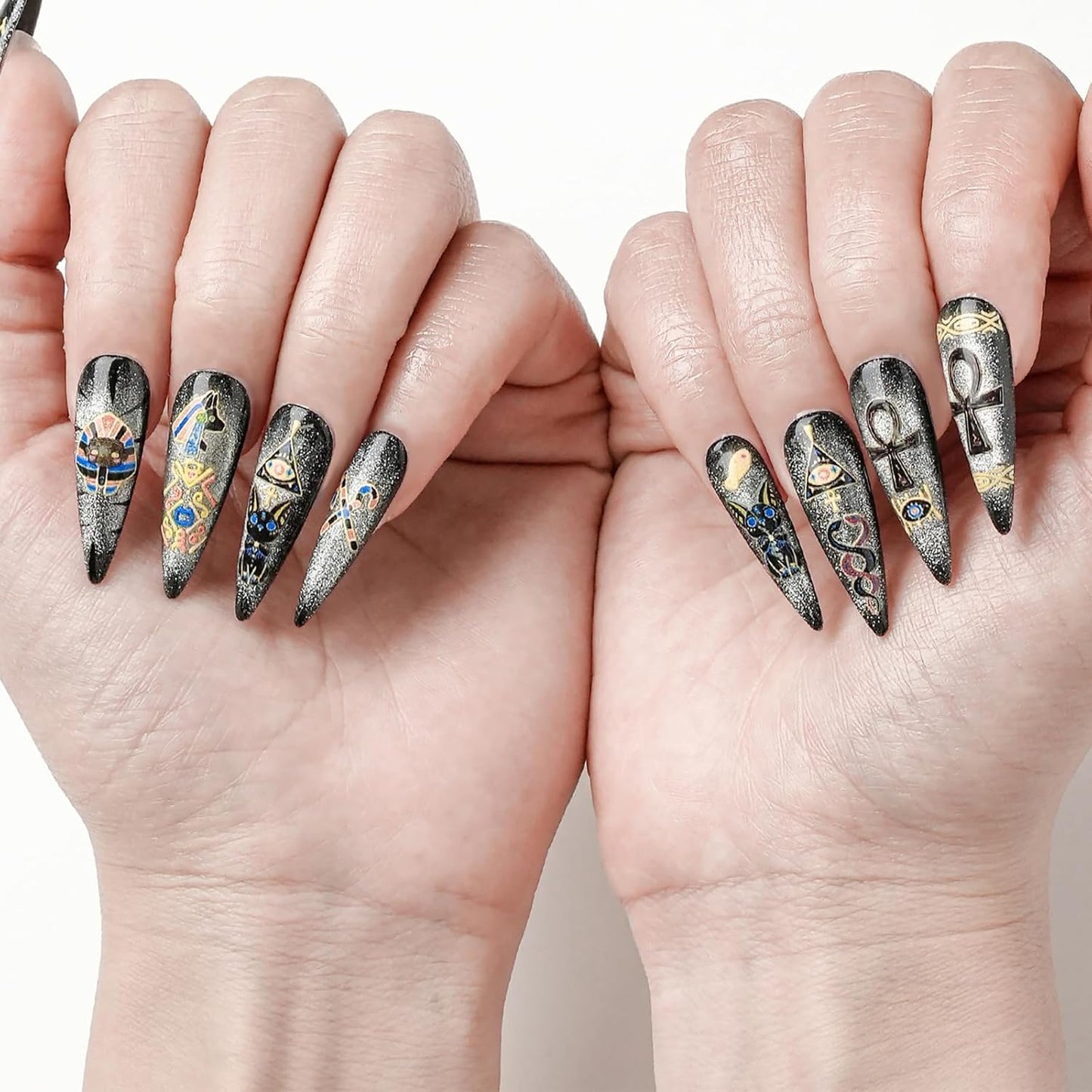 Colorful Handmade Press-On Stiletto Nails with 3D Devil Eyes - 10 Pcs Set for Women