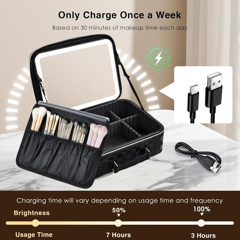 LED Lighted Makeup Bag - 12.2" Travel Cosmetic Organizer with Adjustable Brightness | Black Checkerboard Design, Dividers & Brush Holder