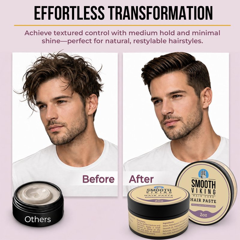 Smooth Viking Hair Paste for Men - Natural Matte Styling Paste for Textured Messy Hairstyle Hair Cream, Hair Styling Cream with Minimal Shine & Medium Hold Hair Products for Men, Made in USA, 2oz