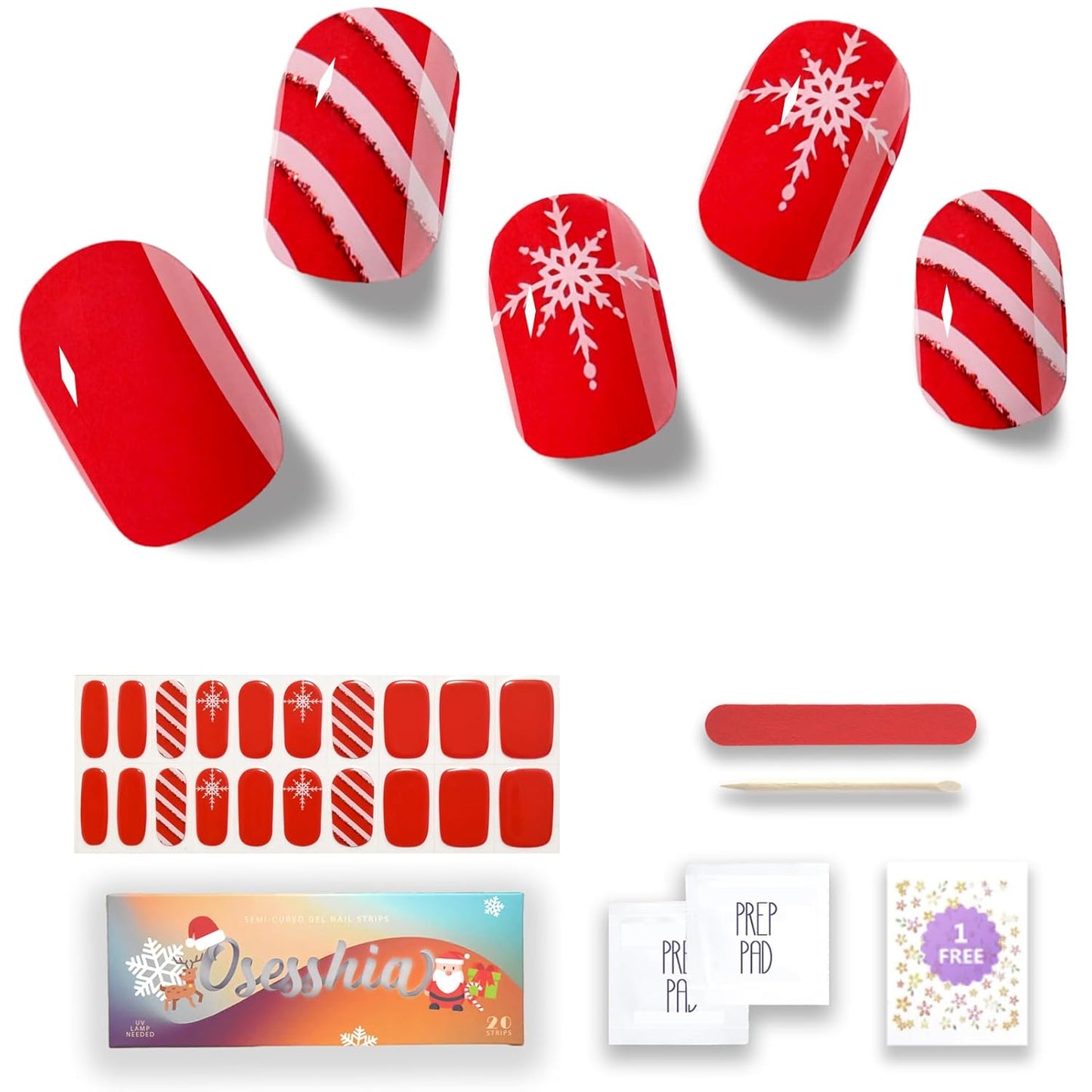 Semi Cured Gel Nail Strip Starter Kit - 60 Nail Stickers, UV Lamp & Tools for Salon Quality Christmas Nails
