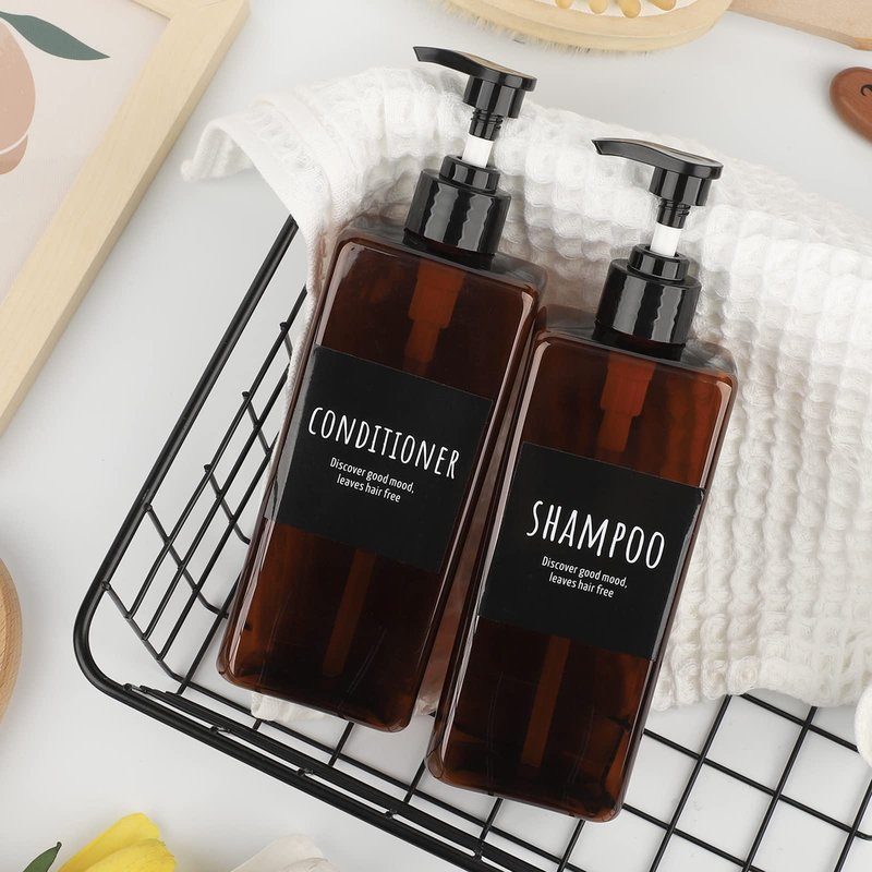 Segbeauty 8 Packs Empty Bathroom Soap Dispenser, 16.9oz Refillable Plastic Pump Bottles with Labels, 500ml Shower Dispenser Shampoo Conditioner Bottles for Kitchen Amber