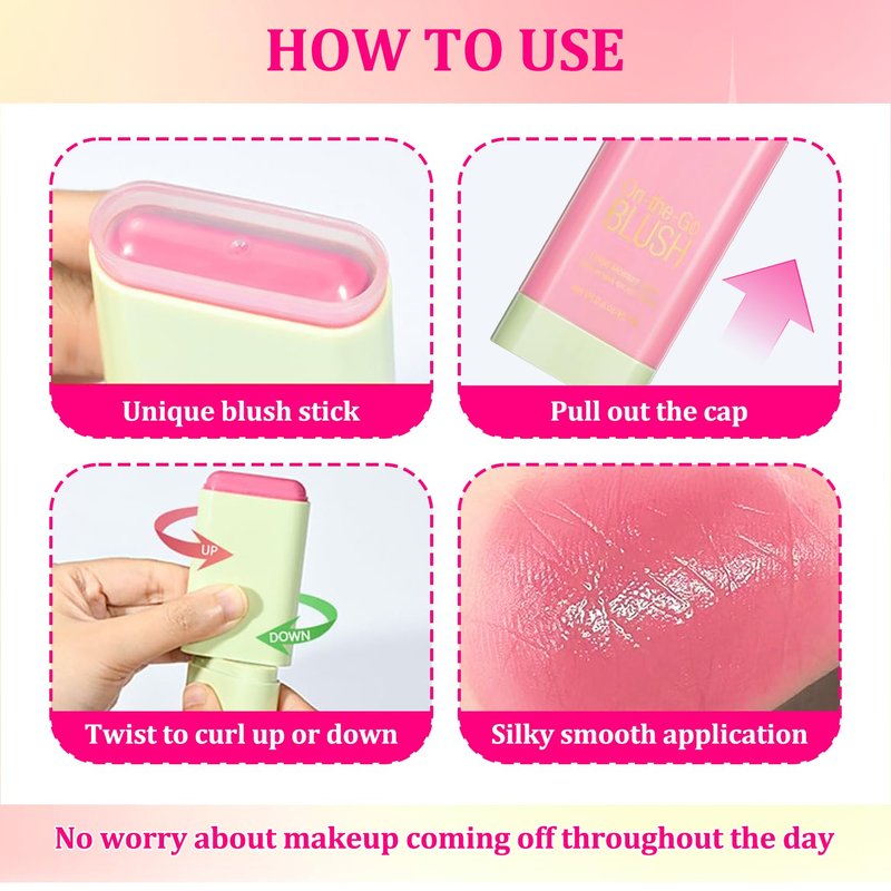 3PCS Blush Stick for Cheeks,Multi-use Solid Matte Makeup Stick Blush Cream for Cheek Eyes and Lips Tint,Moisturizing Tinted Cream Blush,Natural Blendable Cheek Blusher with 3 Makeup Sponges