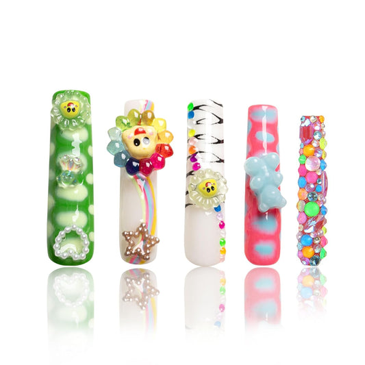 Colorful Handmade Press-On Nails with Lovkashi Flower Design | Reusable Long Square Acrylic Nails 2.2 in