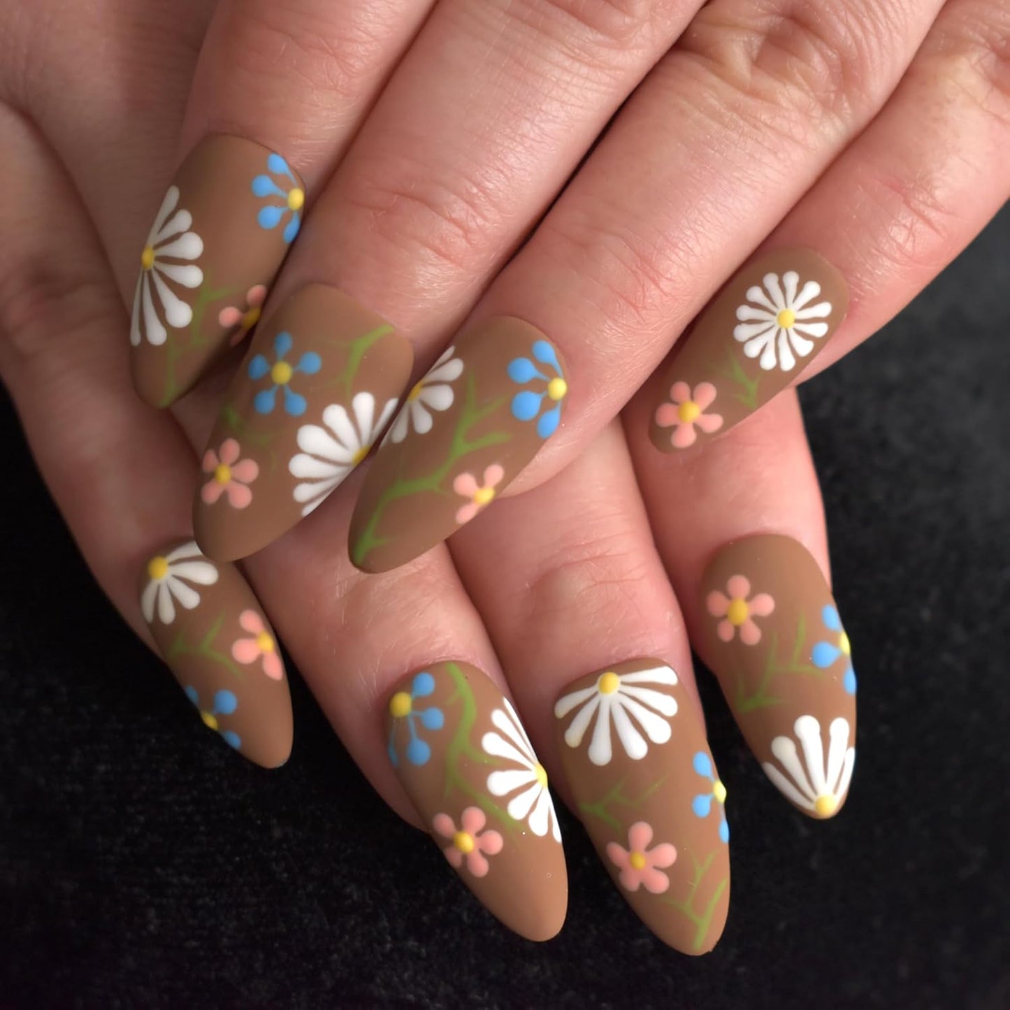 3D Blue Almond Press-On Nails with Carved Flower & Bubble Pearl - Handmade Acrylic Manicure, Medium Size