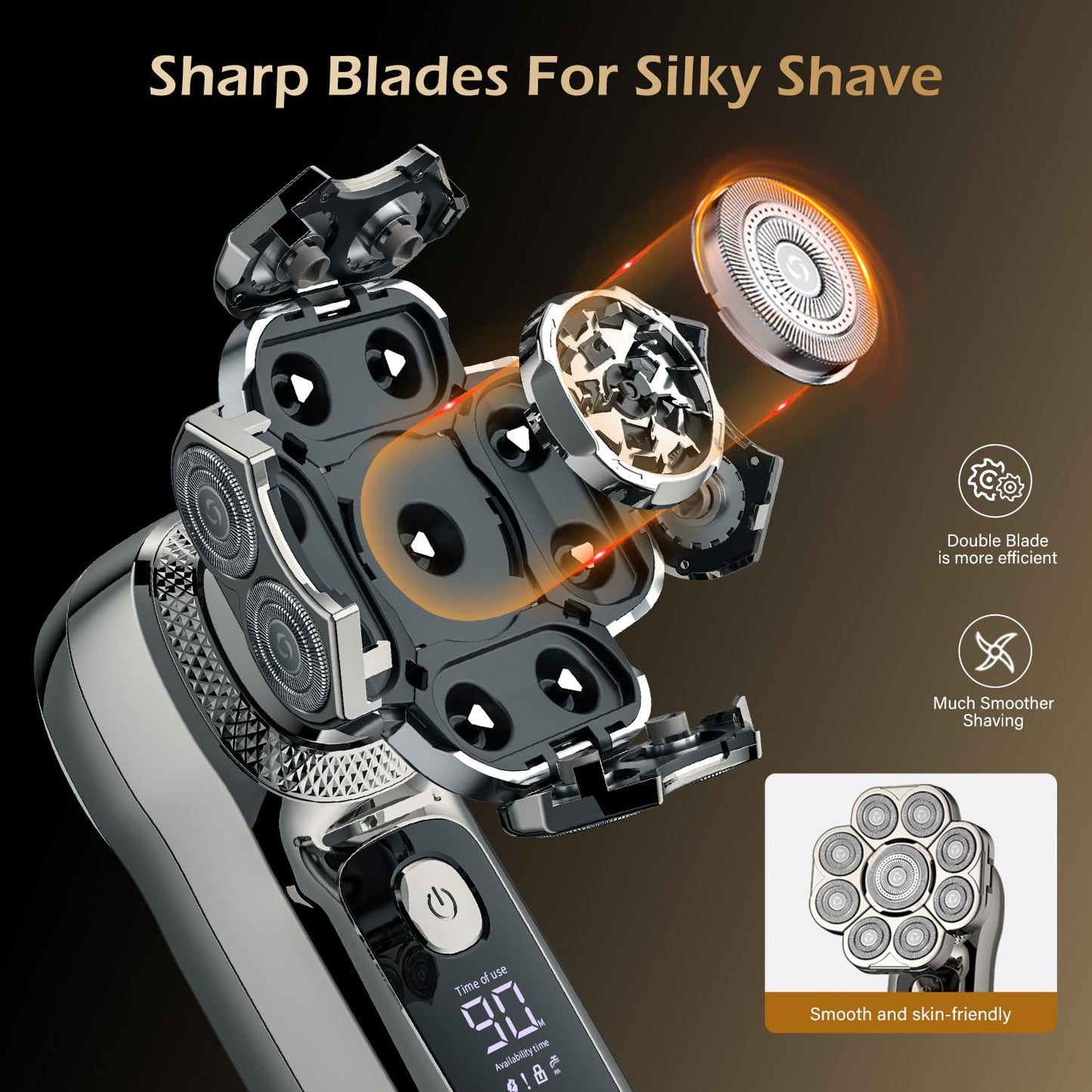 9 Floating Heads Detachable Head Shavers,6 in 1 Electric Razor IPX6 Waterproof for Bald Men, Wet Dry Mens Grooming Kit,LED Display Rechargeable 9D Rotary Shaver Grooming Kit with Type-C Charge